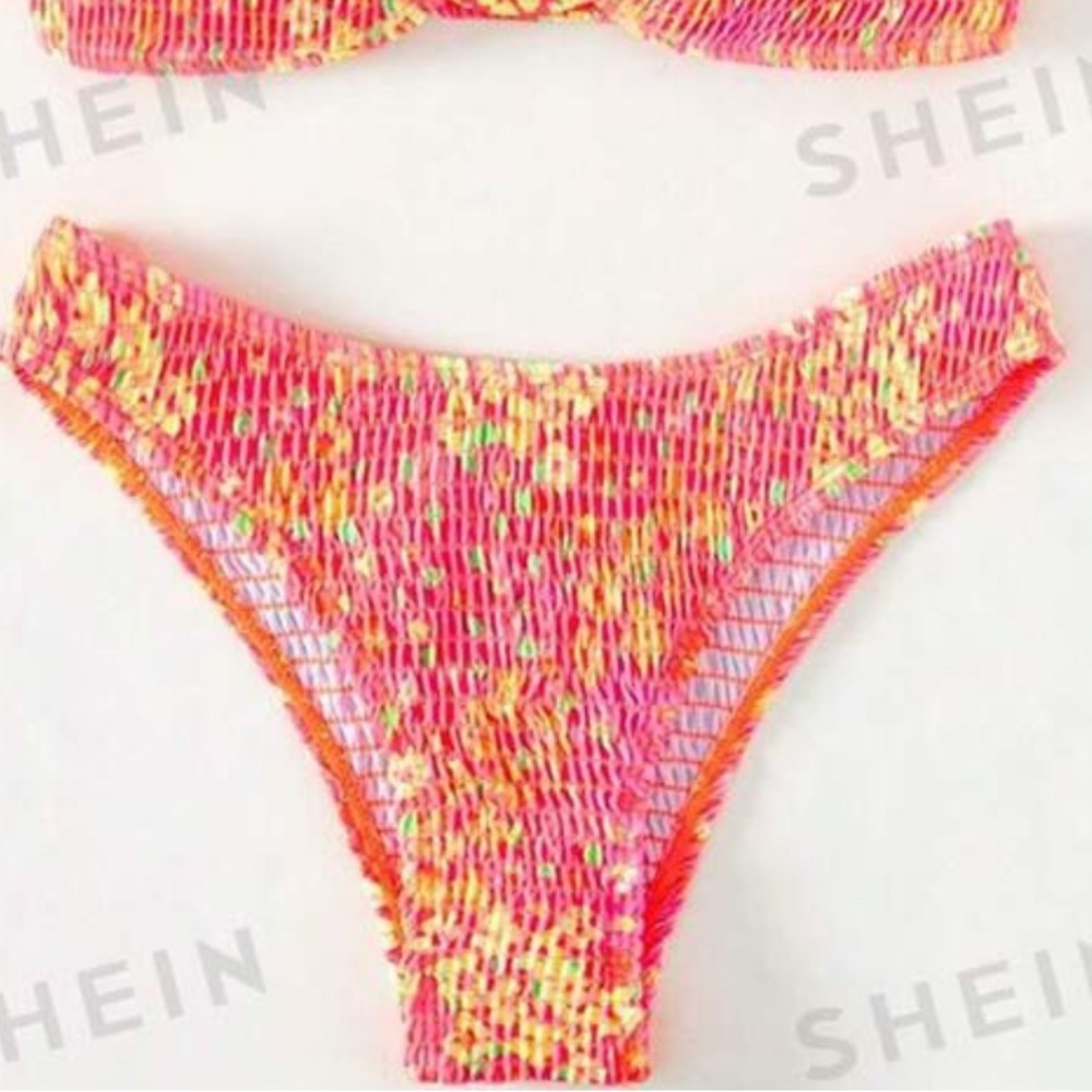 SHEIN floral swimsuit bikini 2-piece orange yellow neon swimwear bandeau top XS - Picture 3 of 10